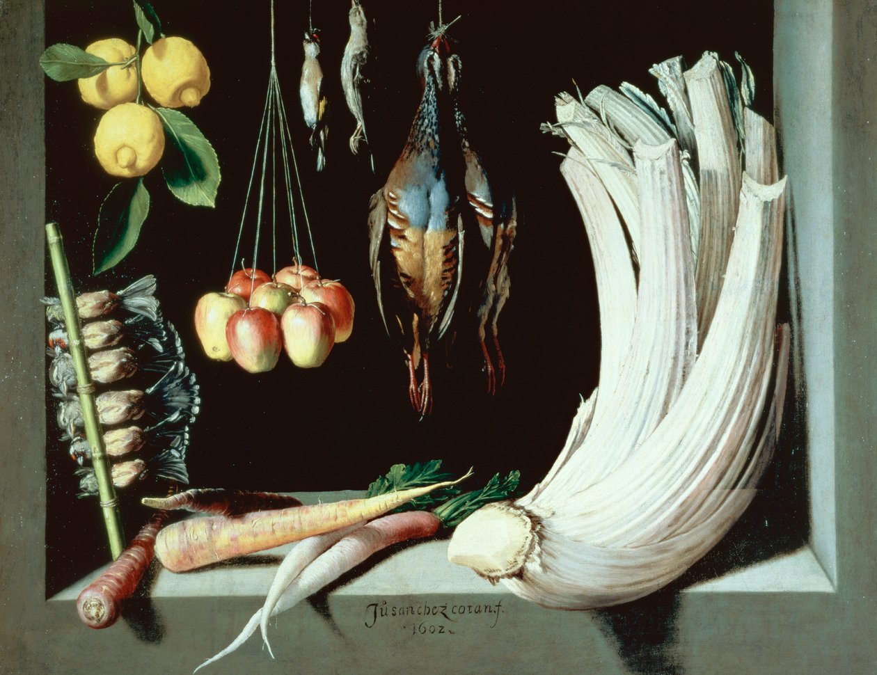 Stilleben med døde fugle, frugt og grøntsager, 1602 af Juan Sanchez Cotan