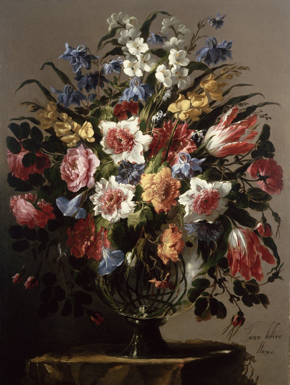 Stilleben med blomster i en glasvase af Juan de Arellano