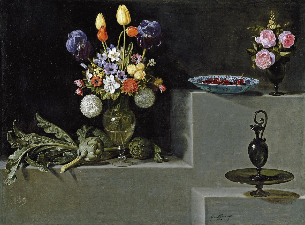 Stilleben med blomster, artiskokker, kirsebær og glasvarer Español af Juan van der Hamen