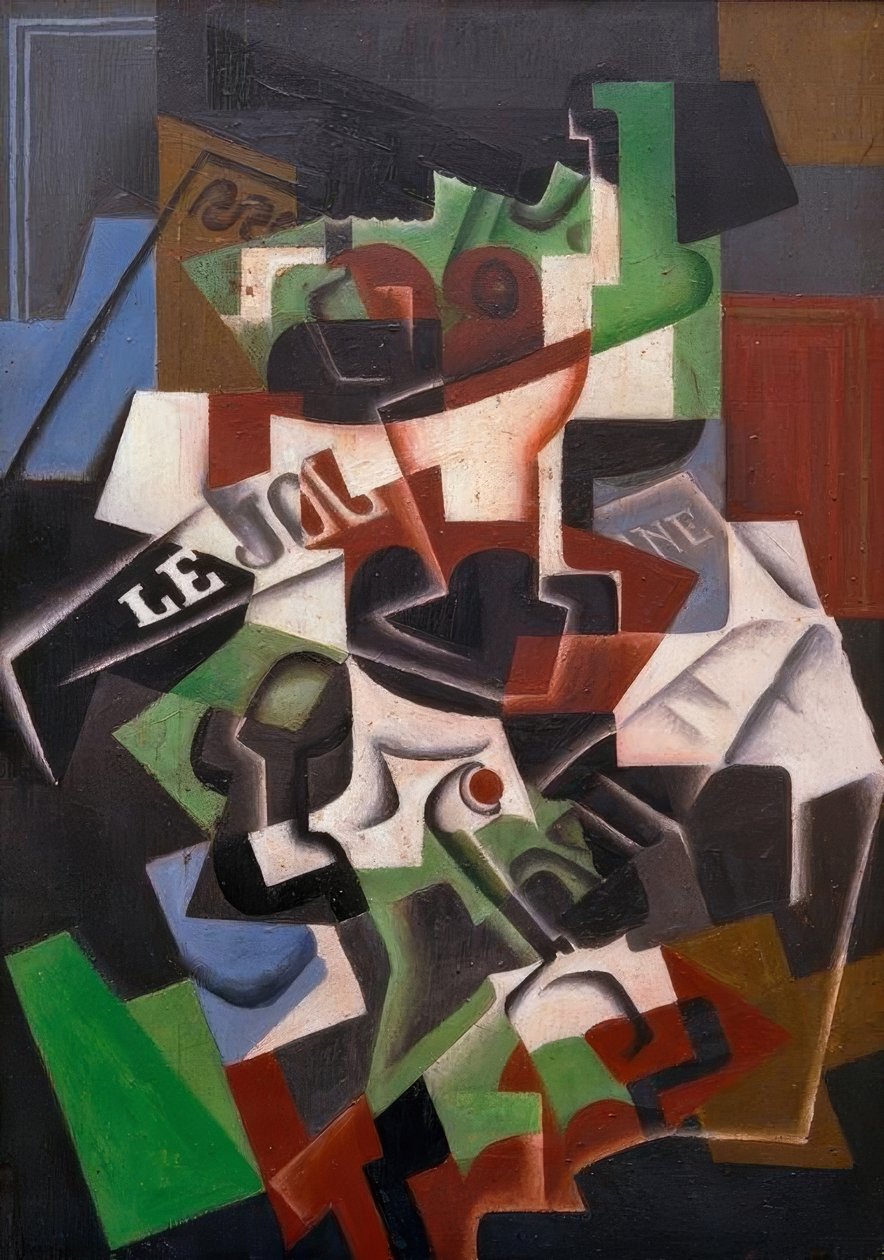 Frugtskål, pibe og avis af Juan Gris