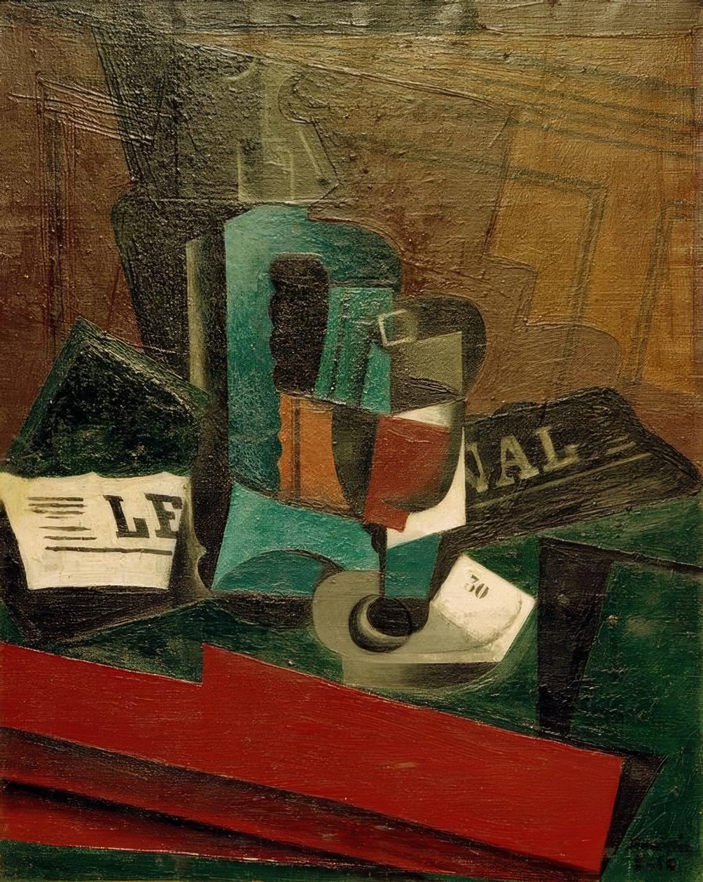 Hævert, glas og avispapir af Juan Gris