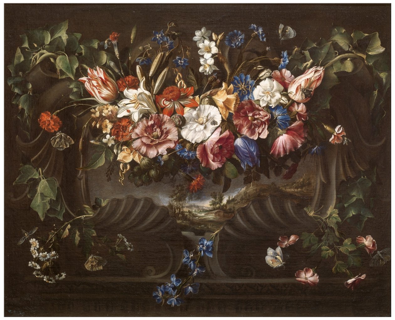 Blomsterkrans med landskab af Juan de Arellano
