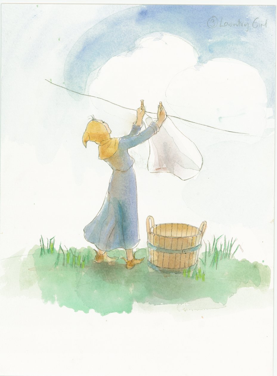 En middelalderpige, der hænger vasketøj, 2004. af Judith Dobie