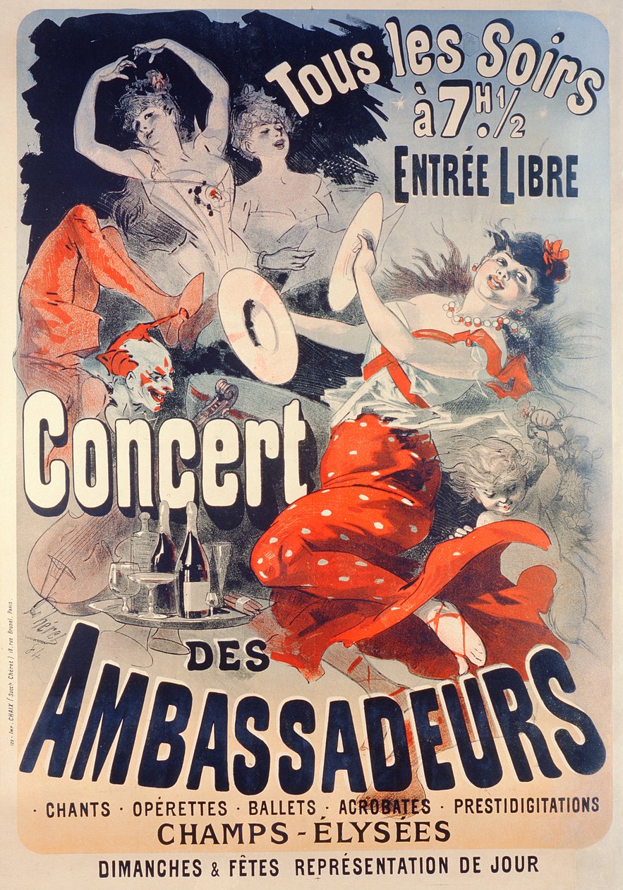 Plakat, der reklamerer for Concert des Ambassadeurs, 1884 af Jules Cheret