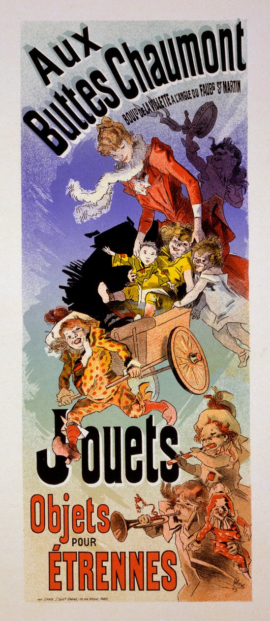 Plakat for legetøjsbutikken "Aux Buttes Chaumont", ca. 1899 af Jules Cheret