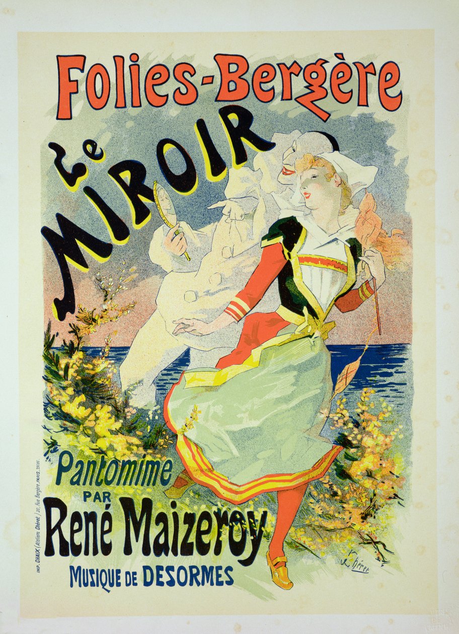 Reproduktion af en plakat, der reklamerer for "The Mirror", en pantomime af Rene Maizeroy på Folies-Bergere (se 126671) af Jules Cheret