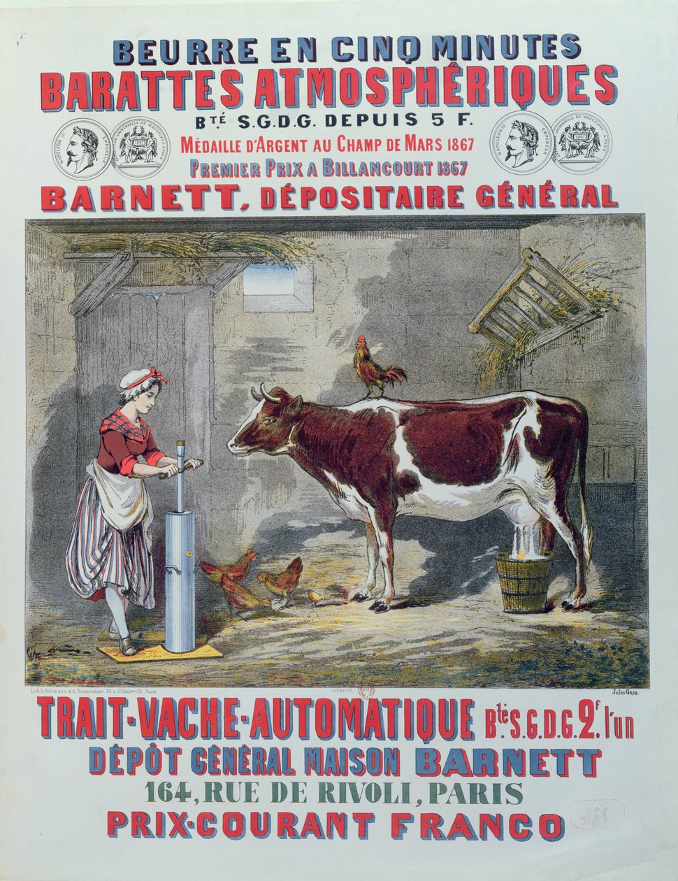 Annonce for Atmospheric Churn og Automatic Milking Machine, fra Maison Barnett, Paris, ca. 1867 af Jules Gras