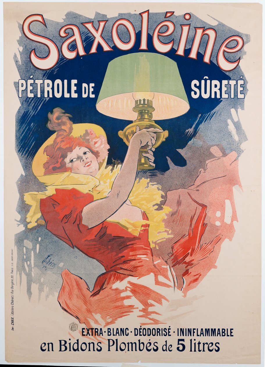 Plakatreklame "Saxoleine", sikkerhedslampeolie, 1901 af Jules Cheret
