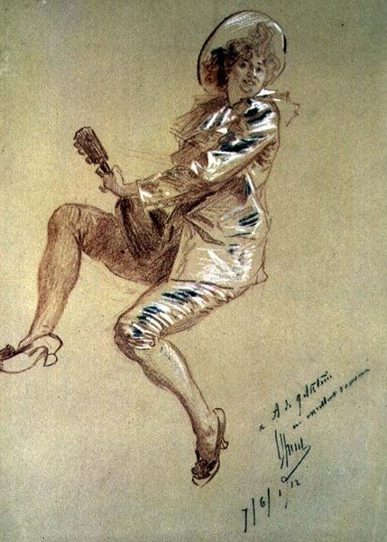 Siddende Pierrette, der spiller mandolin af Jules Cheret