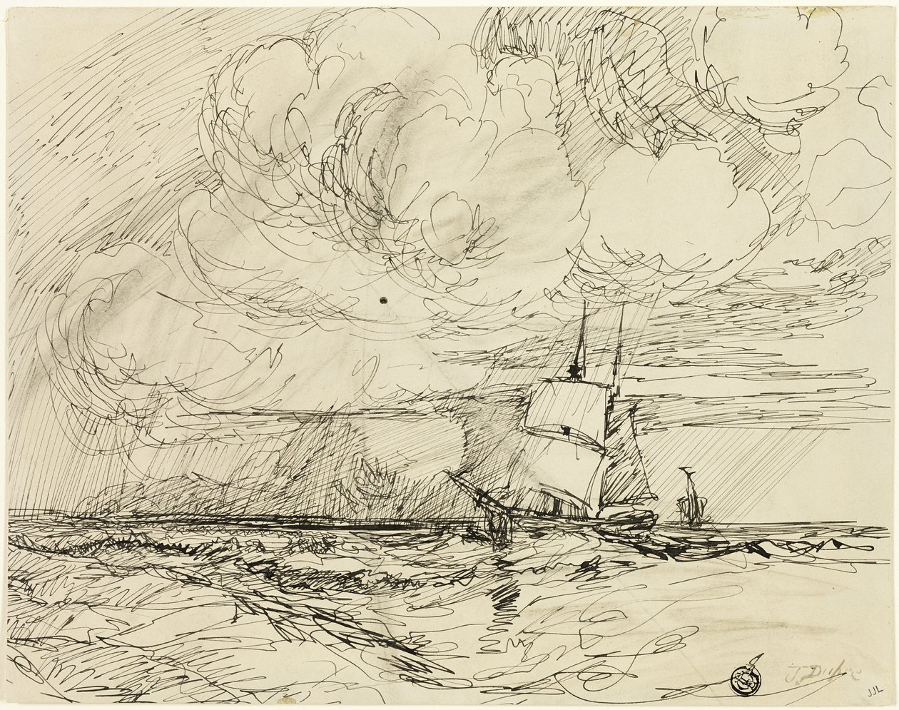 Skibe til søs under storm af Jules Dupré