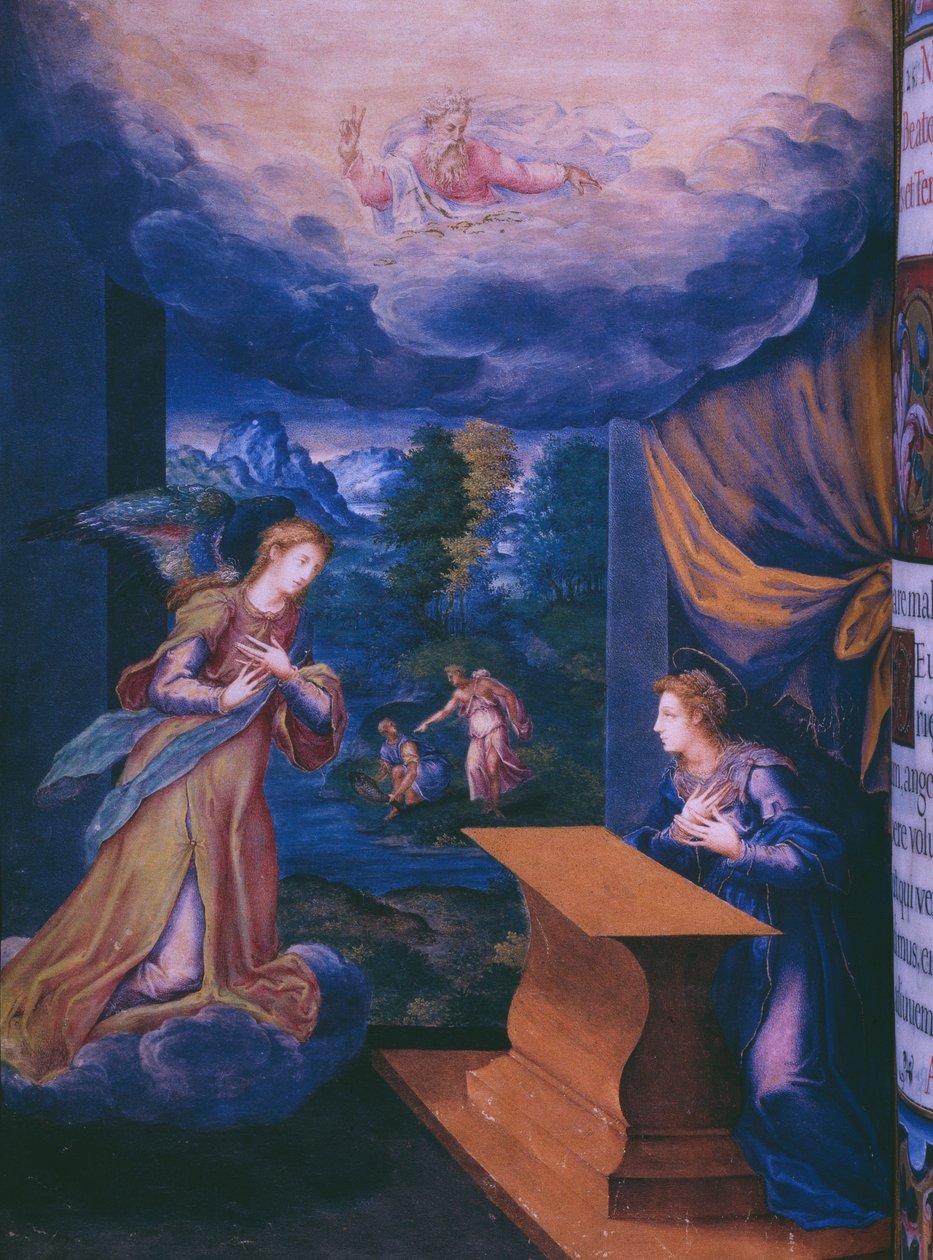 Fol.5v, Bebudelse, fra en faksimile af brevet af kong Filip II af Spanien, 1569 (pergament) af Julian and Leon, Andres de Fuente del Saz