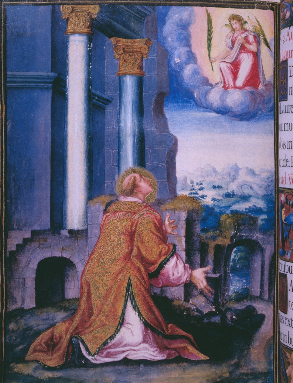 St. Lawrence, som Escorial-klosteret var dedikeret til, fra en faksimile af Breviary of King Philip II of Spain, 1569 (pergament) af Julian and Leon, Andres de Fuente del Saz