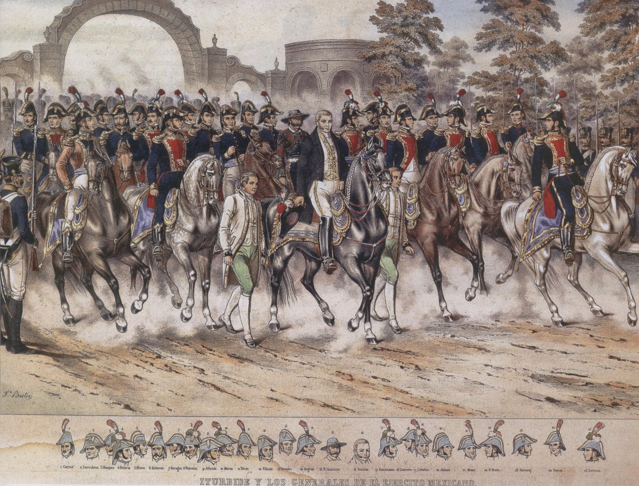 Generaler for Trigarante Entry af Trigarante Army, Iturbide og generalerne i den mexicanske hær. af Julio Michauld and Thomas Ferdinand Bastin
