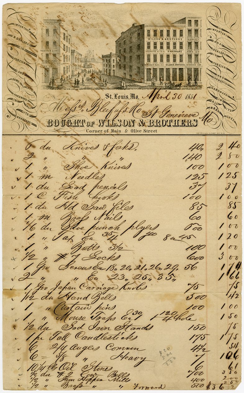 Brevpapir er en gravering af en downtown St. Louis scene i Main og Olive. Wilson og Brothers var importører og forhandlere af udenlandsk og indenlandsk hardware i alle dets filialer af Julius Hutawa Co.