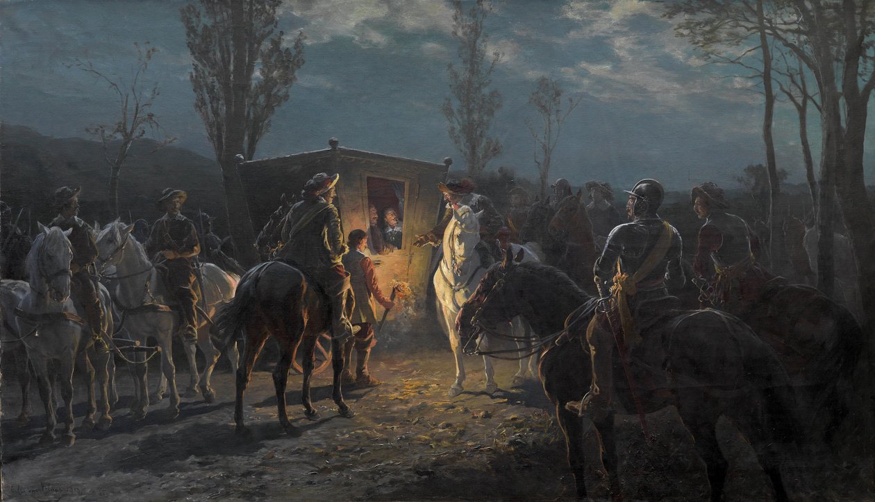 Nat scene. Monterede mænd holder en elegant vogn af Julius von Blaas  