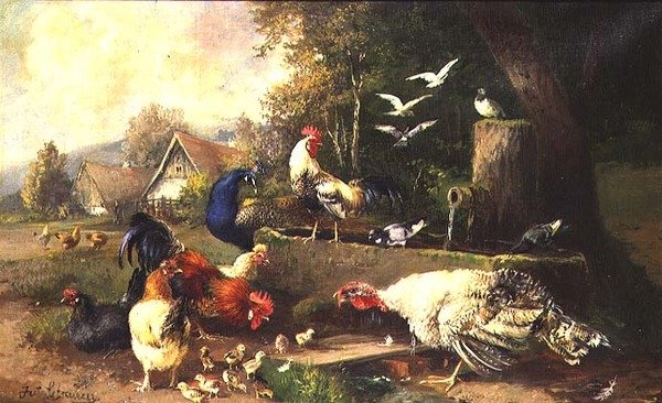Fjerkræ ved en pumpe af Julius Scheuerrer