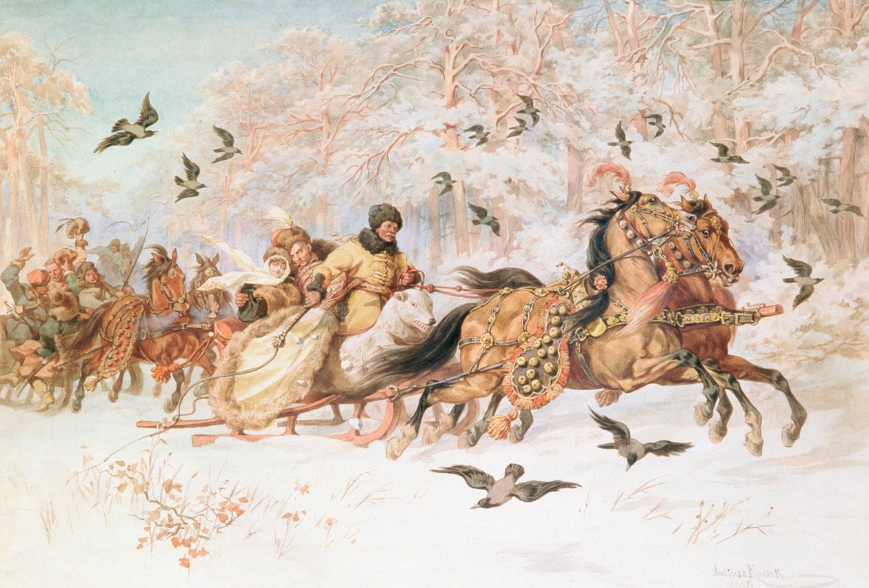 Olenka og Kmicic på Kulig, ca. 1887 af Juliusz Fortunat Kossak