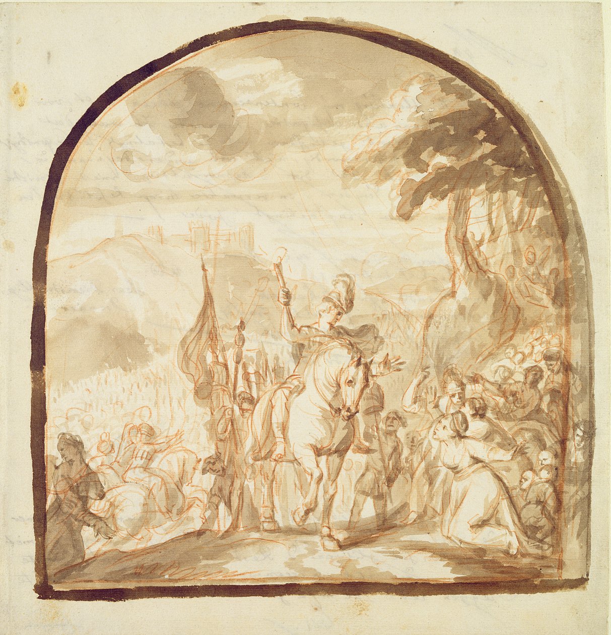 Claudius Civilis forlader kvinderne og børnene for at gå i kamp ved Xanten, 1662 (pen og brun blæk og kridt på papir) af Jürgen Ovens