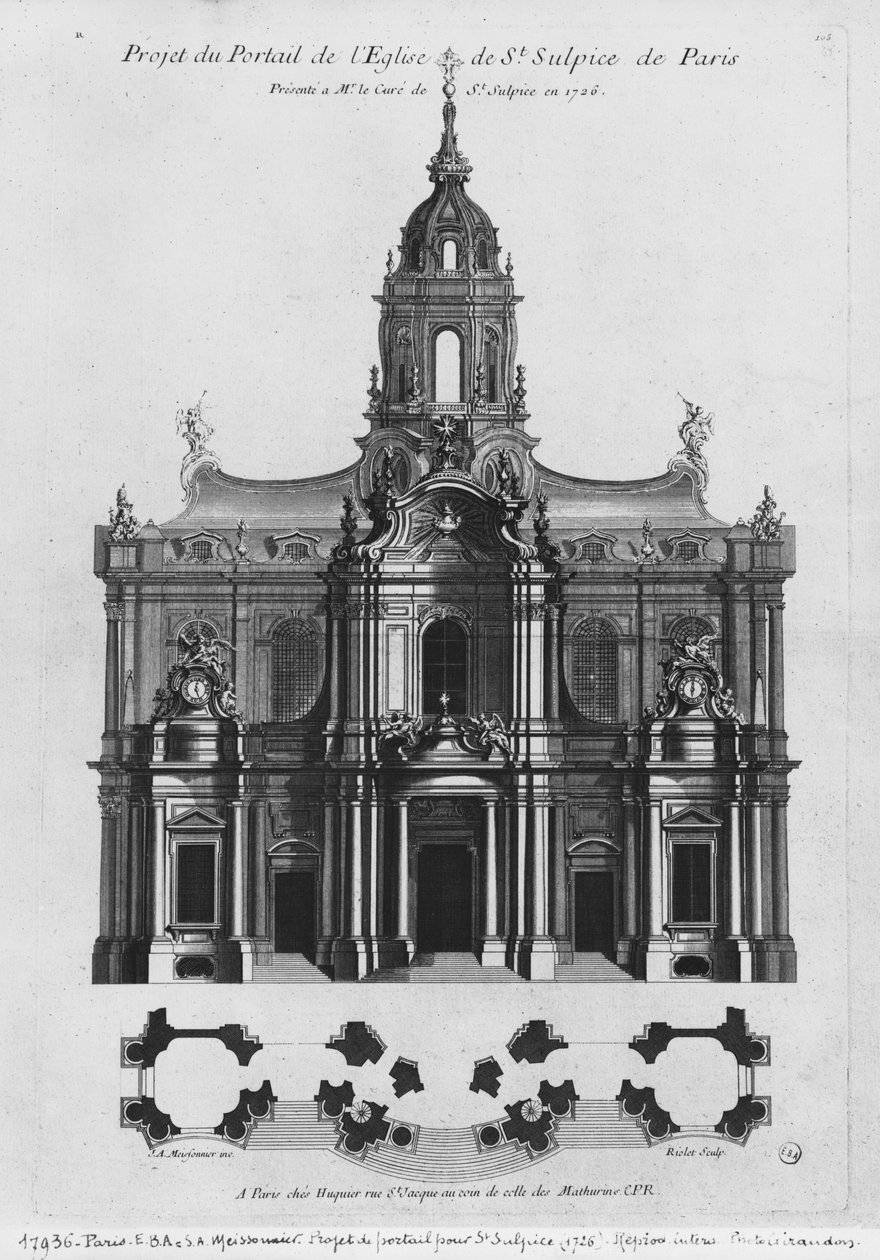 Projekt for kirken Saint-Sulpice, forhøjning af facaden, Paris, indgraveret af Riolet, 1726 (bw foto) af Justin Aurele Meissonier