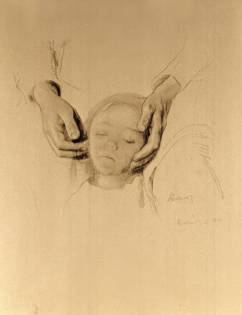 K. Kollwitz, et barnehoved i hænderne. af Käthe Kollwitz