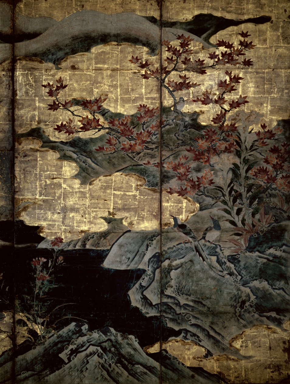 Fugle og blomster fra de fire årstider (pen og blæk, farve, guldpapir på panel) (se 216552, 216551) af Kano Soshu