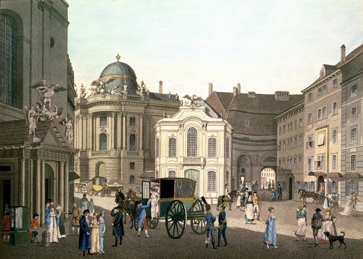 Udsigt over Michaelerplatz, der viser det gamle Burgtheater (håndfarvet gravering) af Karel Postl