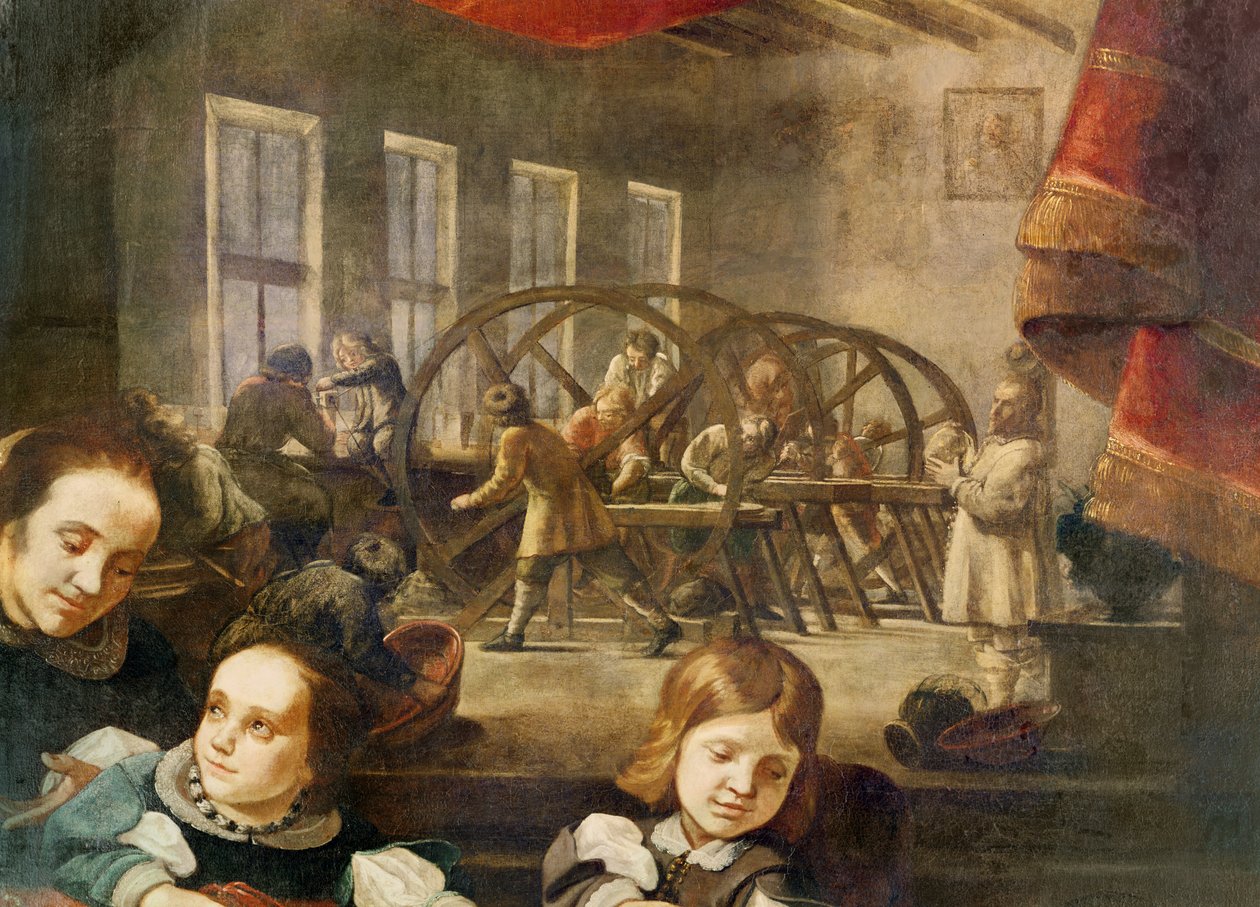 Detalje fra et portræt af ædelstensskæreren Dyonis Miseroni og familie, der viser gravering på glas i hans værksted, 1653 af Karel Škréta