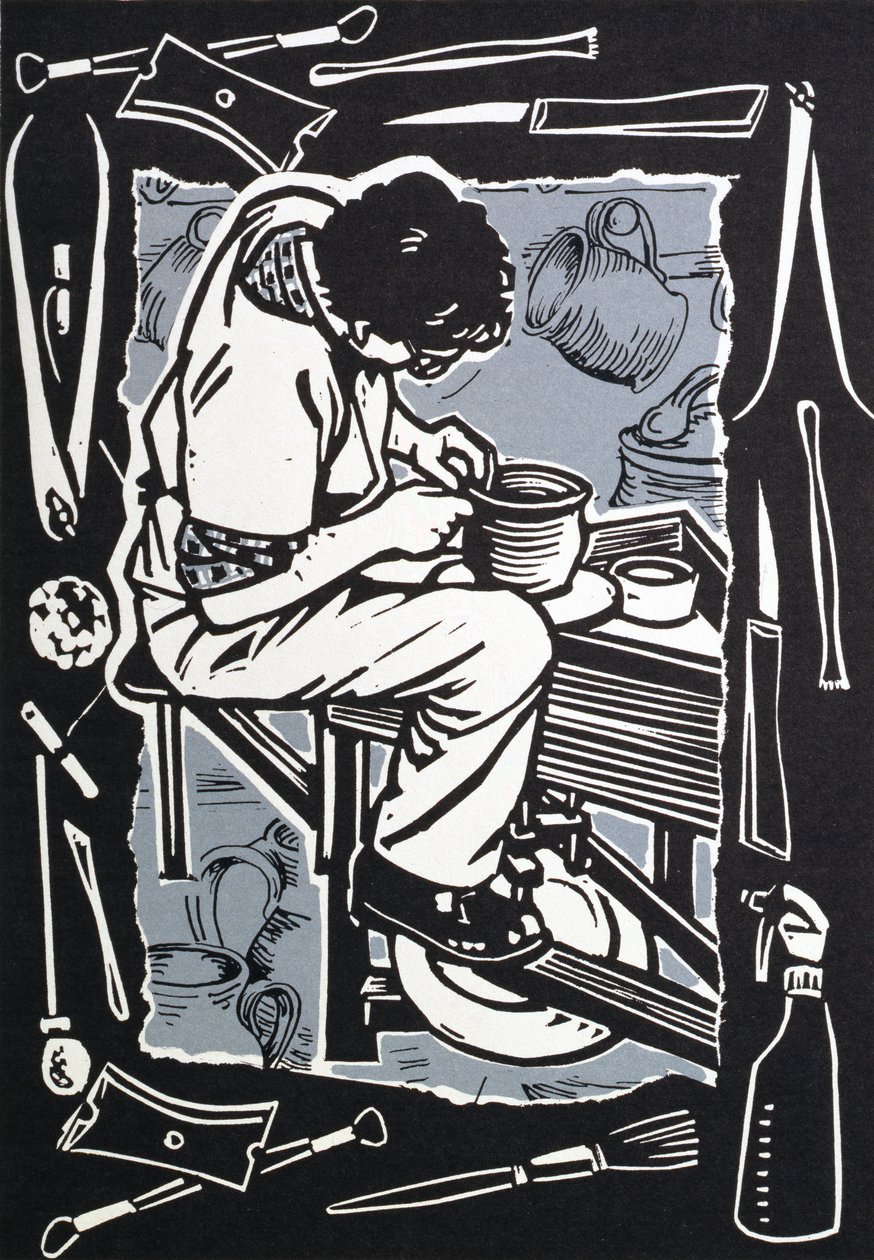 Potter, 1998 (linosnit på papir) af Karen Cater