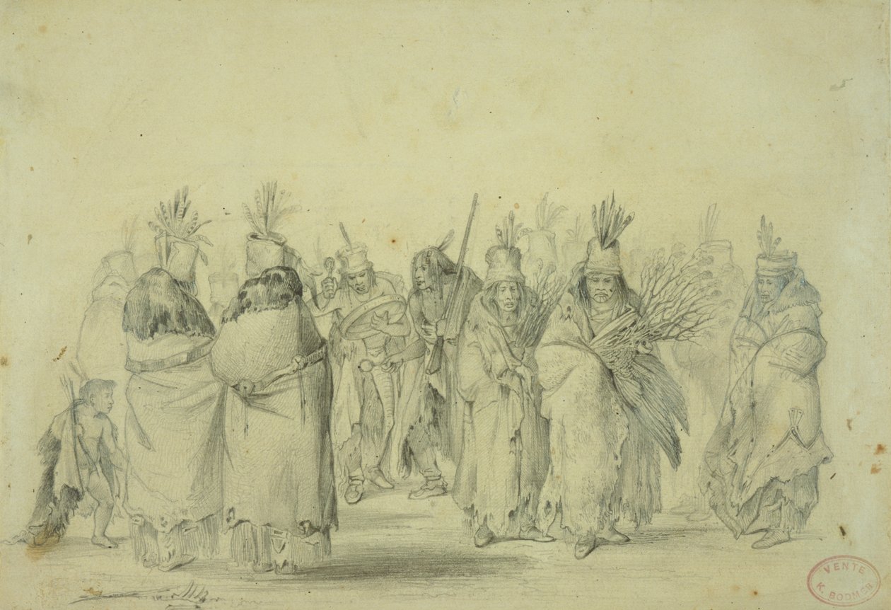 Mandan kvindernes dans, ca. 1833-43 (blyant, pen og wc på papir) af Karl Bodmer