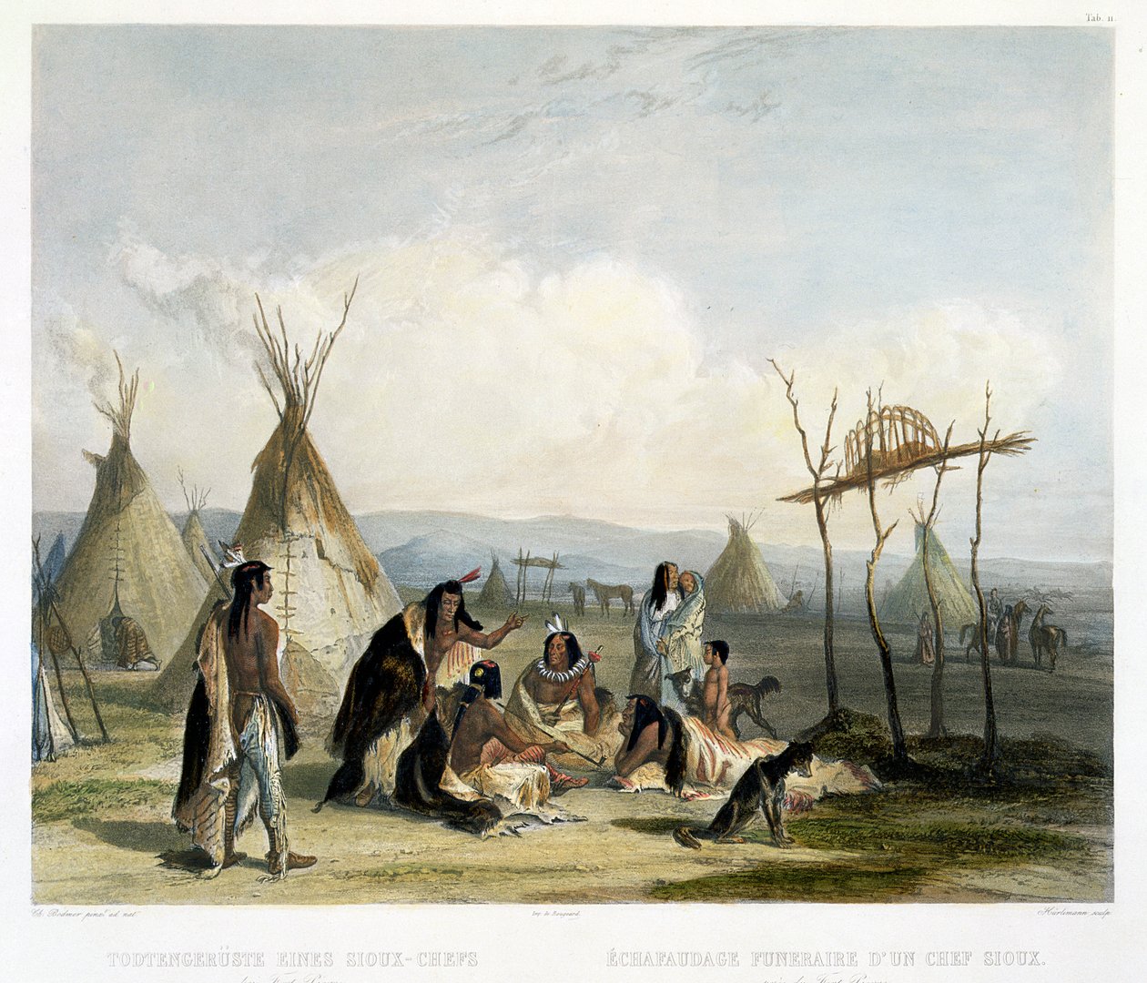 En siouxhøvdings liggestol nær Fort Pierre, planche 11 fra bind 2 af "Travels in the Interior of North America", graveret af J. Hurlimann, 1844 (akvatint) af Karl Bodmer