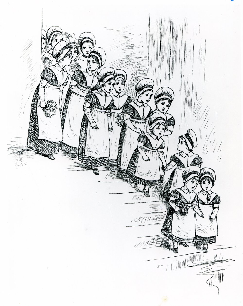 Velgørenhedsbørn, ca. 1880 (gravering) af Kate Greenaway
