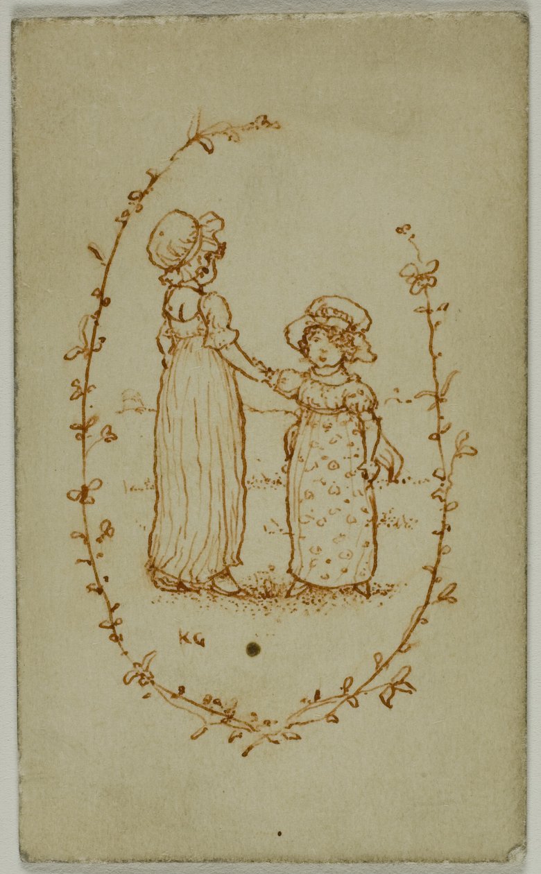 Vignette af to piger (recto); Athena (omvendt) af Kate Greenaway