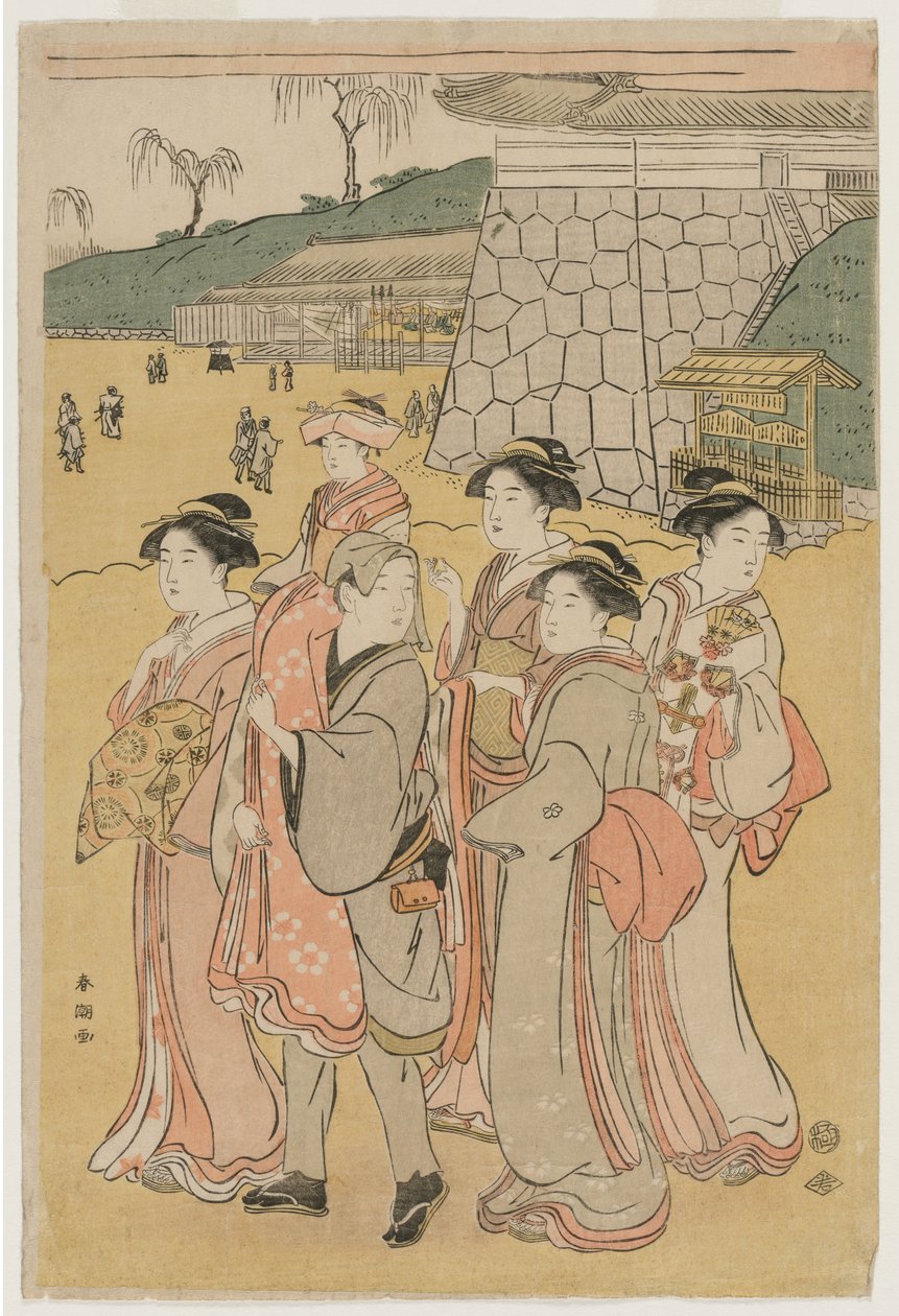 Kvinder, der ledsager en pige til en helligdom af Katsukawa Shuncho