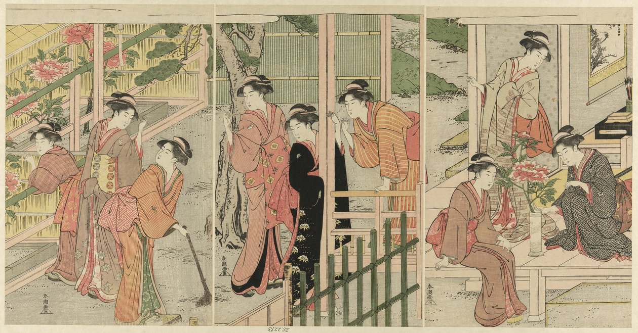 Kvinder, der beundrer pæoner af Katsukawa Shuncho