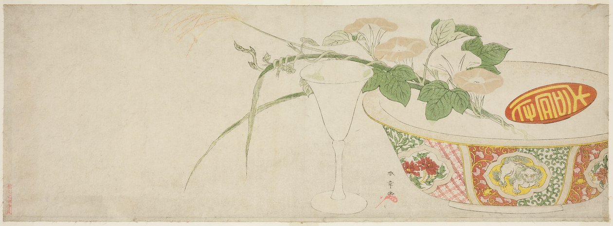 Planter, porcelænsskål og glasbæger af Katsukawa Shunsho