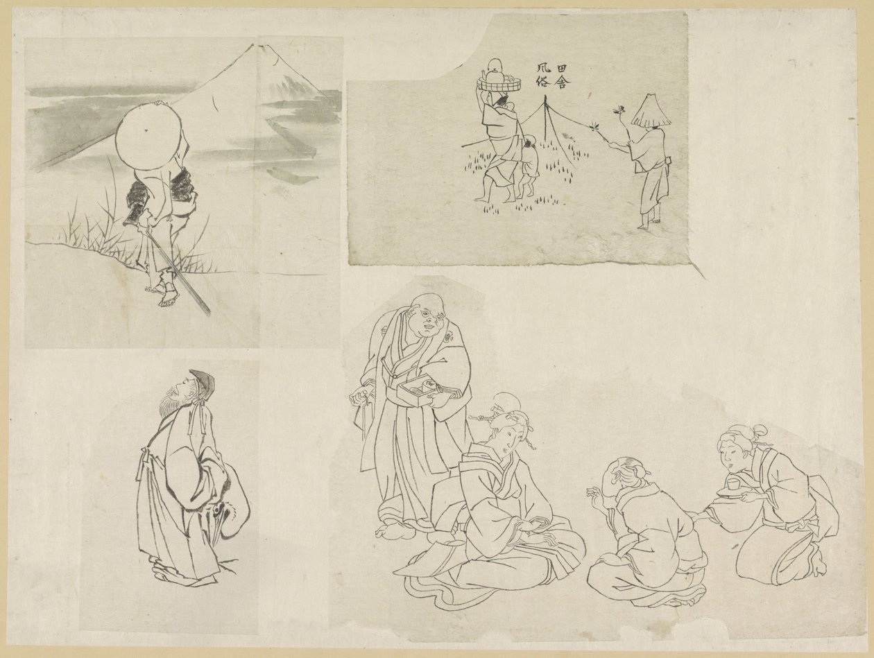 Fire scener med forskellige figurer af Katsushika Hokusai (possibly)