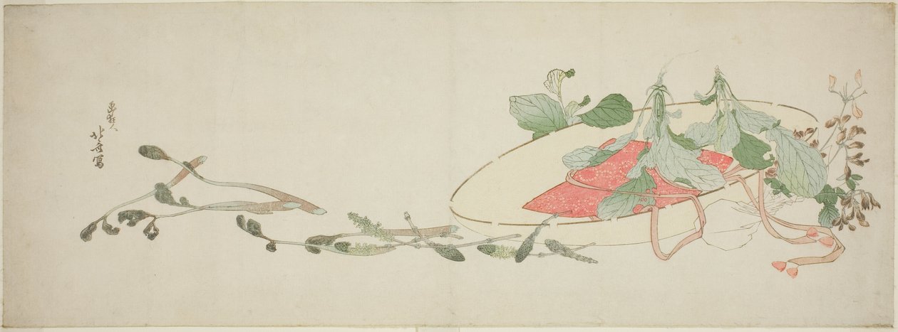 Blomster og forårsgrønt i en hat af Katsushika Hokusai