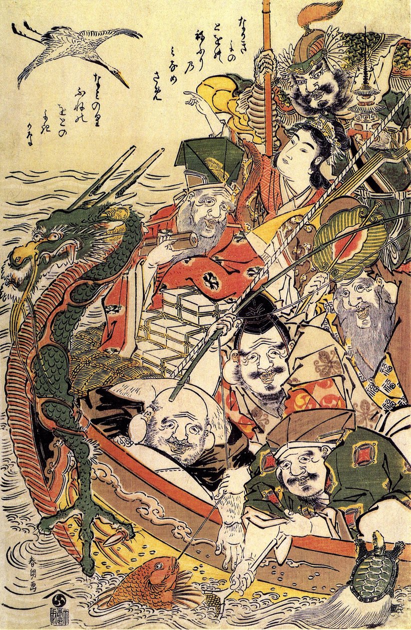 Japansk mytologi: "Syv guddomme af lykke" af Katsushika Hokusai