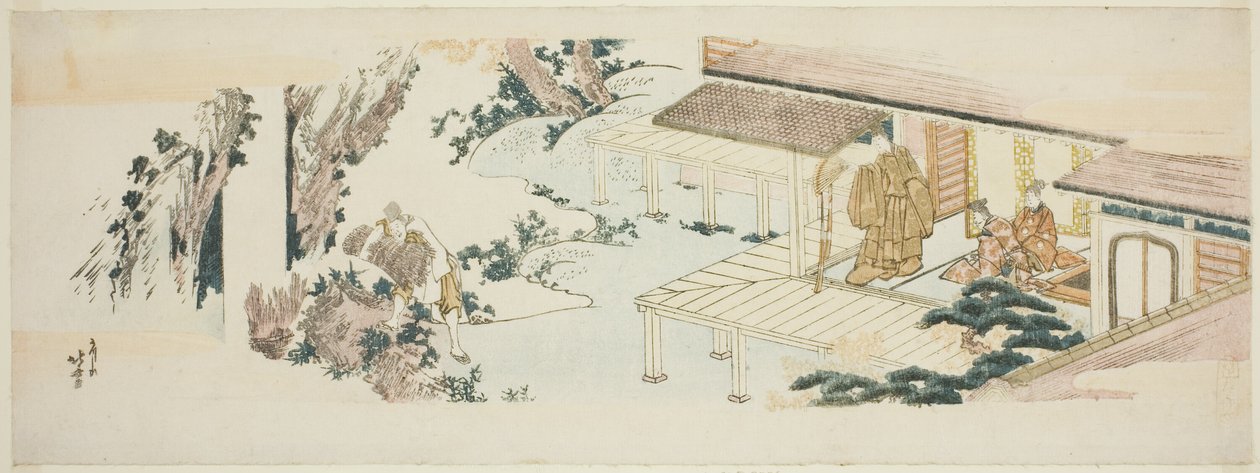 Tjener kaster bundter af grene i vandfaldet af Katsushika Hokusai
