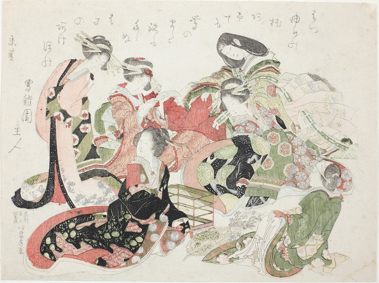Seks kvinder sad omkring et fuglebur af Katsushika Hokusai