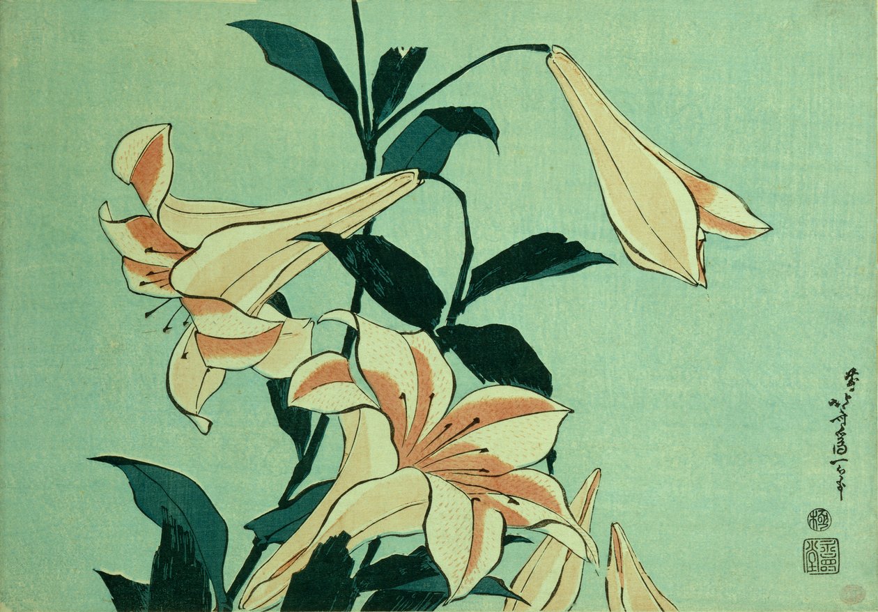 Trompetliljer (træbloktryk i farver) af Katsushika Hokusai