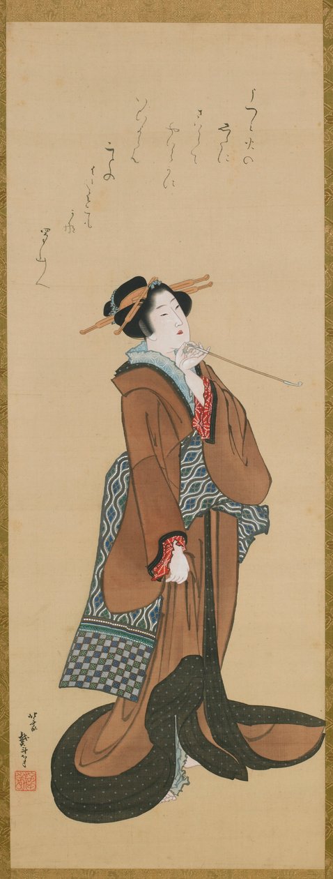 Kvinde holder en tobakspibe, ca. 1814-1815. af Katsushika Hokusai