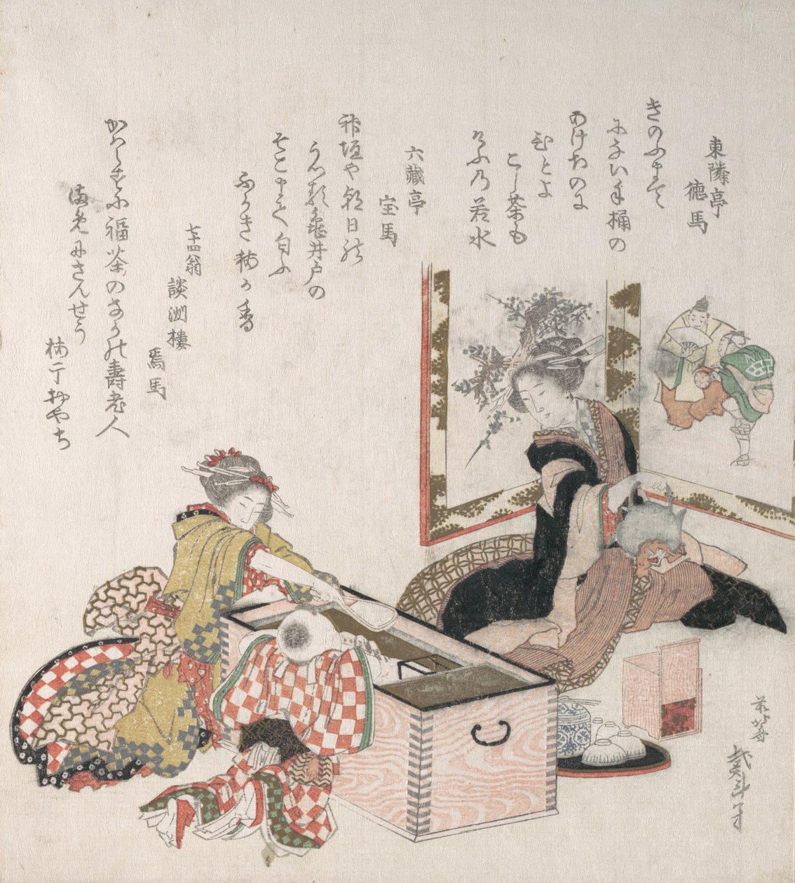 Kvinder tilbereder te omkring ildholderen, 1816. af Katsushika Hokusai