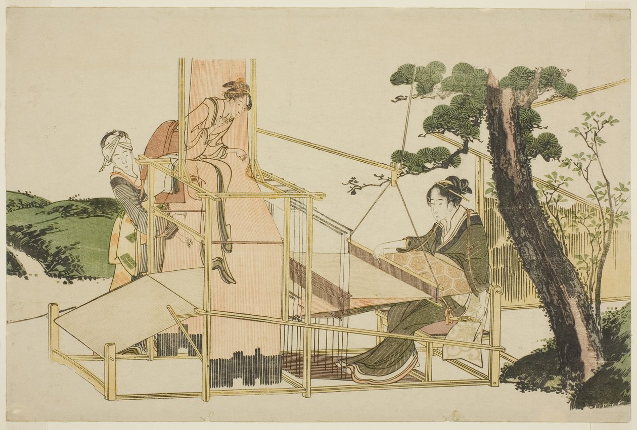 Kvinder væver på en væv af Katsushika Hokusai