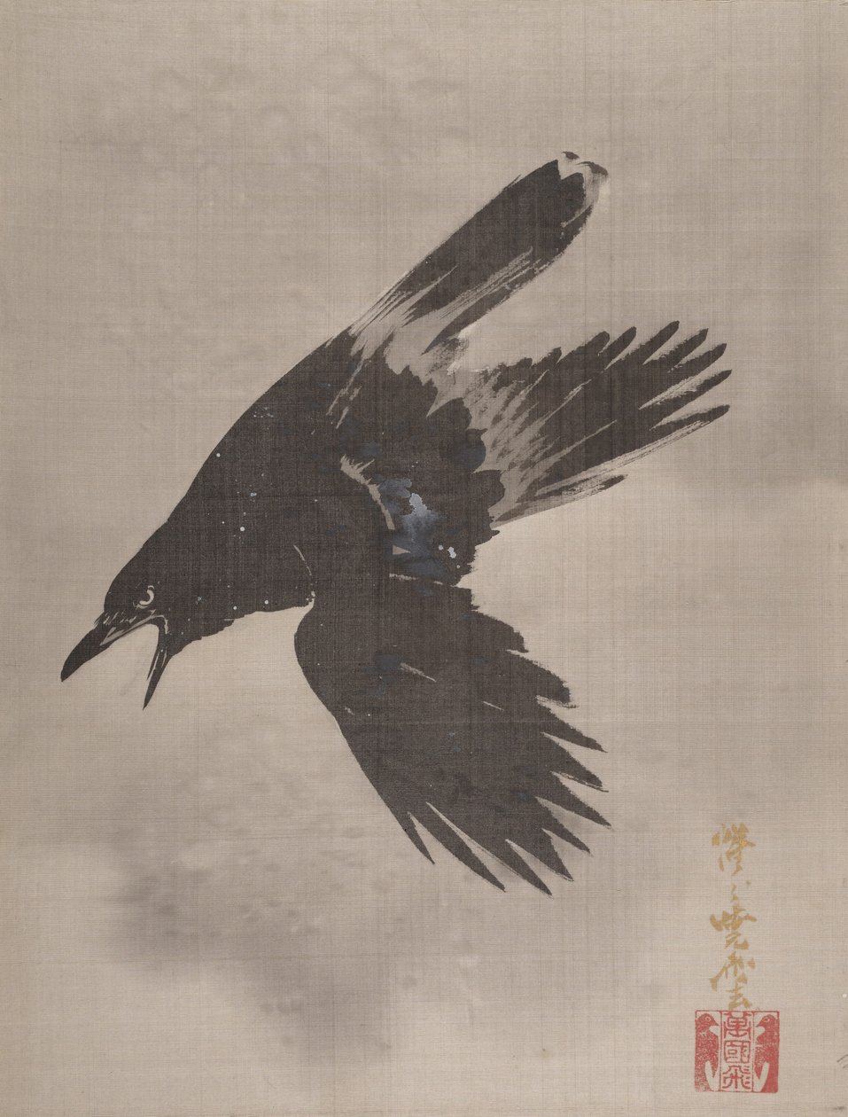 Krage, der flyver i sneen, ca. 1887. af Kawanabe Kyosai