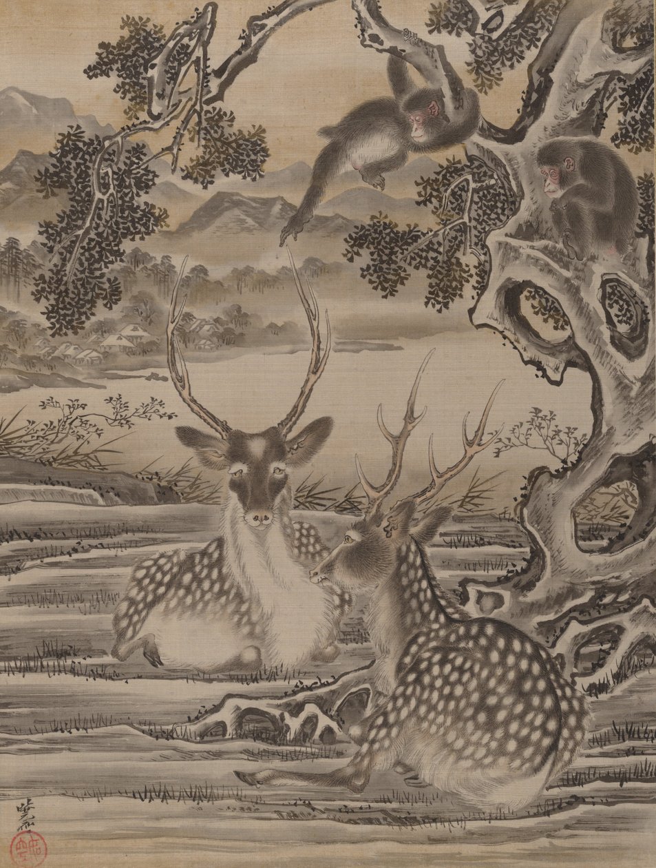 Hjorte og aber, ca. 1887. af Kawanabe Kyosai