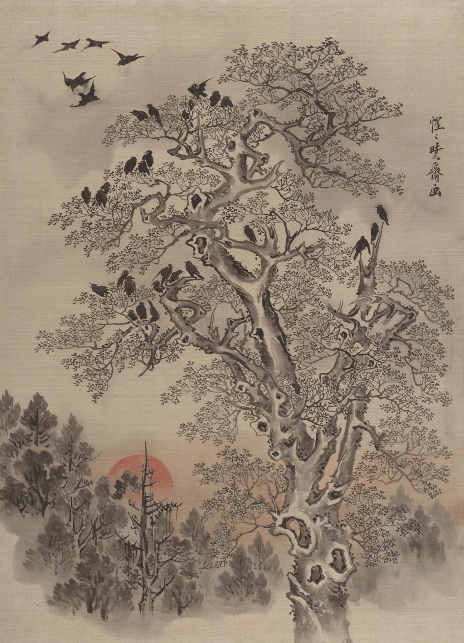 Flok krager ved Dawn, ca. 1887. af Kawanabe Kyosai