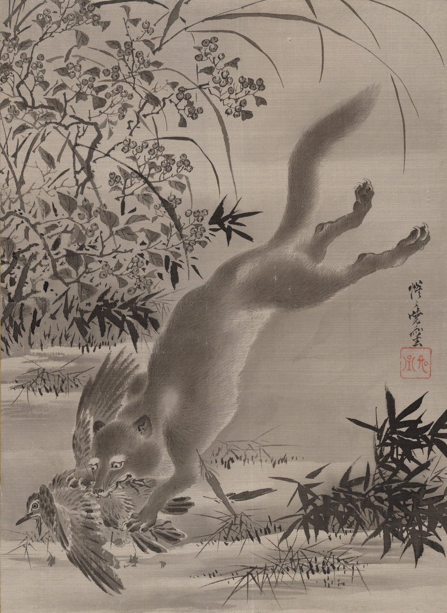 Rævefangende fugl, ca. 1887. af Kawanabe Kyosai