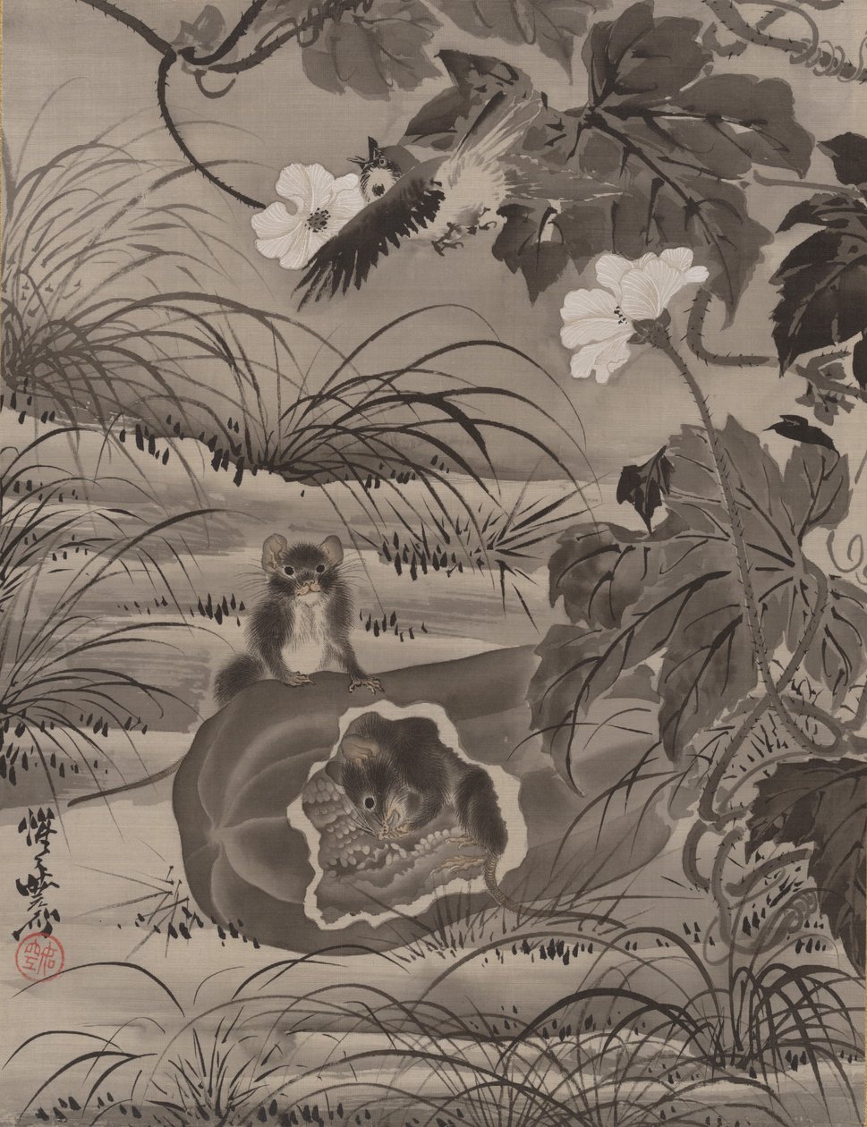 Mus i en melon, ca. 1887. af Kawanabe Kyosai