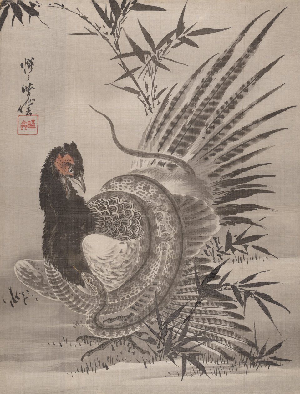Fasan fanget af en slange, ca. 1887. af Kawanabe Kyosai